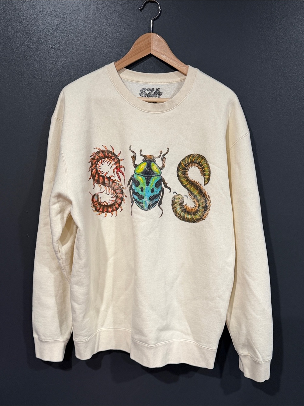 SZA SOS 2025 Tour Cream Graphic Crewneck Sweater with Insect Motif Large
